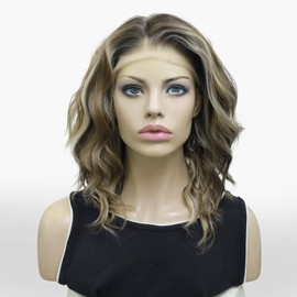 IMSTYLE Pink Blonde Lace Front Wigs Short Bob Wavy Wigs Synthetic Hair Wig Free Part with Natural Hairline Shoulder Length for Women (Vibe Brown Blonde)