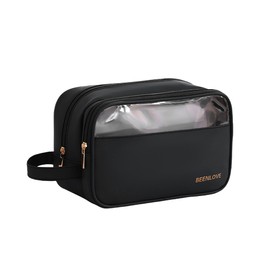 Portable Waterproof Makeup/Cosmetic/Toiletry Bag with Golden Zipper for Women Girls/Wide Open PU Leather Organizer Pouch with Side Handle/Travel Essentials/Storage Nail Polish and Skincare