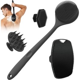 Set de 4 Cepillos Corporales de Silicona para Baño:Cepillo de Espalda de Mango Largo, Cepillo Corto, Cepillo para Lavar el Cabello y Cepillo para la Cara, Herramientas de Exfoliación y Masaje Antideslizante (A)