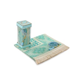 Muslim Prayer Rug and Prayer Beads with Elegant Gift Box | Janamaz | Sajadah | Soft Islamic Prayer Rug | Islamic Gifts Set | Prayer Carpet Mat, Taffeta Fabric, Blue
