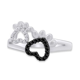 AFFY Round Cut White & Black Diamond Paw Print Promise Ring In 14K White Gold Over Sterling Silver (0.10 cttw) Ring Size-9