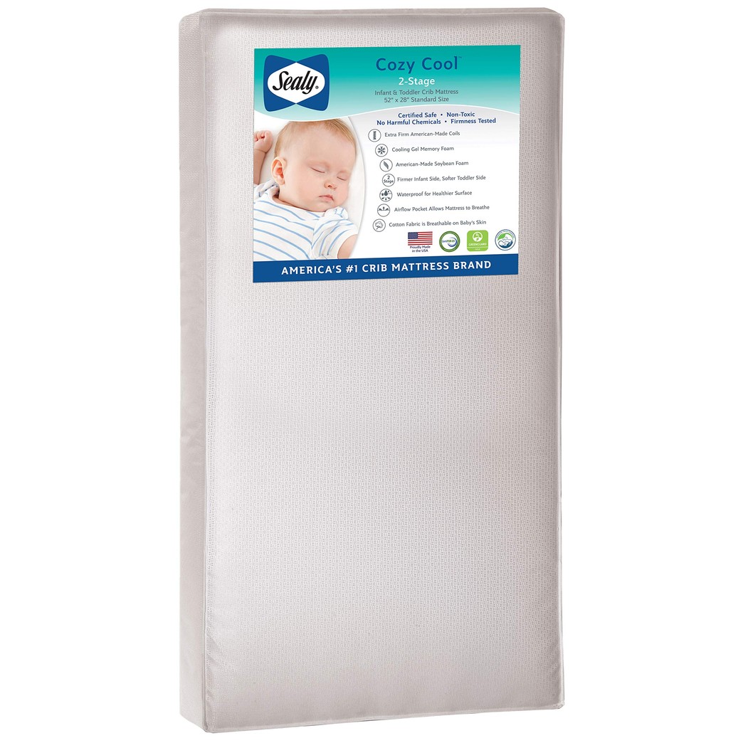 Sealy Baby Cozy Cool Hybrid 2-Stage Waterproof Standard Toddler and Baby Crib Mattress - Soybean Cool Gel Memory Foam & Premium Coils, 51.7” x 27.3"