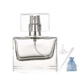 JJKMALL- 1Pcs 30ml / 1 oz. Clear Refillable Perfume Bottle, Portable Square Empty Glass Perfume Atomizer Bottle with Spray Funnel Filler 3ml dropper Storage bag