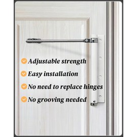 Automatic Door Closer for Lightweight Doors <100 lbs | 150° Angle Spring Self Closing Hinges | Adjustable Catch Speed | Stainless Steel Soft Close Auto Top Latches | with Arm, Screw, Wrench | White