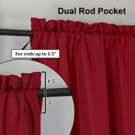 Lecloud Bessie - Cortinas de cocina rojas de 24 pulgadas de largo, 2 piezas, cortinas cortas con textura de lino sintético navideño, filtrado de luz, niveles transpirables con bolsillo para barra para
