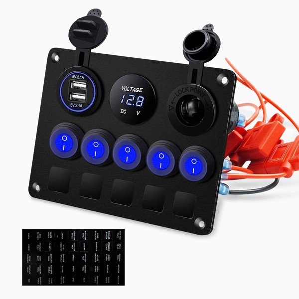 Upgrade Blue 5 Gang Marine Boat Rocker Switch Panel Circuit Breakers, Waterproof Switch Panel with 15A Inline Fuse for Truck RV, Digital Voltmeter USB Charger Port DC 12 Volt Power Outlet Socket