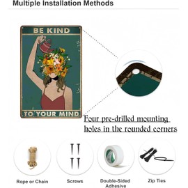 Be Kind to Your Mind Vintage Tin Signs, Hippie Boho Wall Art, Floral Woman Gift for Plant Lovers Funny Retro Wall Art Sign, 8x12 Inch