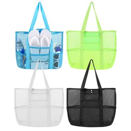 Sweetude 4 Pcs Mesh Beach Bag with Pockets Lightweight Travel Pool Bag Swim Beach Tote for Women Towel Vacation Essentials (Black, Yellow, White, Sky Blue)