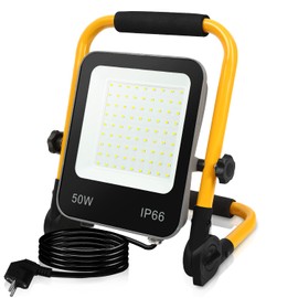 Ikodm GOL-8789-M1x LED Construction Spotlight, 50 W 5100 LM Work Light, IP66 Waterproof, Portable Work Light, 6000 K Cool White Construction Light, 3 m Cable and Foldable Stand for Construction Site