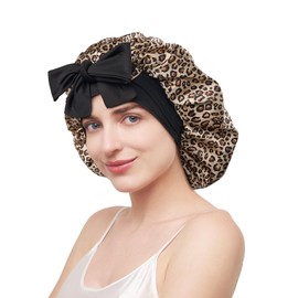 YFONG 100% 22 Momme Mulberry Silk Bonnet for Sleeping Women, Double-Layer Silk Hair Wrap with Adjustable Straps to Prevent Slipping,Luxurious Women's Sleep Cap for Hair Care, Leopard