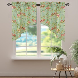Bentrilisa 2 Pcs Floral Semi Sheer Swag Curtains Half Small Cafe Window Curtains Leaves and Flower Print on Green Swag Valance Kitchen Curtain, 28x36 Inch