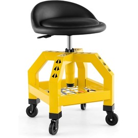 Generic Nightcore Workshop Stool with Rolling Wheel, Mechanical Stool with Tool Tray, Height Adjustable Garage Stool with Upholstered PVC Leather Seat, 330 lbs Capacity, Yellow