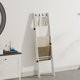 TRIFEBLE 6 Tier Blanket Ladder Shelf for Living Room and Bedroom, Ladder Holder with 4 Metal Hooks, 5.2ft Blanket Quilt Holder Rack, Farmhouse Ladder Rack for Storage and Home Decor, White