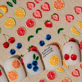 IDDFEVE Embossed Fruit Nail Art Stickers - 5D Half-Cut Cherry Strawberry and Orange Design Self-Adhesive Realistic 3D Effect Nail Decals for Little Girls Kids DIY Summer Manicure (1 Sheets)