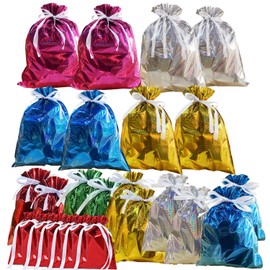 24 Pack Foil Gift Bags Drawstring Solid Color Present Wrapping Bags, 6 Color Shimmer Multipack Wrapping Bags,Jumbo Christmas Bag,Reusable Large Xmas Gift Bag for Presents Birthday Wedding Party