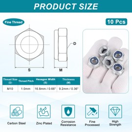 PATIKIL M10x1x9.2mm Nylon Insert Lock Nuts, 10Pcs Metric Fine Thread Carbon Steel Self-Locking Hex Nuts Hardware Fasteners for Machinery Manufacturing Industrial DIY Use, Silver