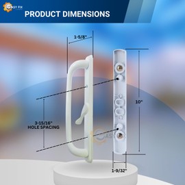 Easy Fix Hardware 10" Olympus Sliding Patio Glass Door Center Latch White Pull Handle Set Replacement - fits 3 ¹⁵/₁₆ inches Hole Spacing, and Fits 1-1/4" to 2-1/4" Door Thickness