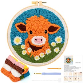 JSRQT Cute Punch Needle Embroidery Starter Kit, Cartoon Cow Punch Needle Embroidery Set for Beginners Adults Children, DIY Handmade Embroidery Kits