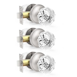Orger 3-Piece Glass Door Knobs Set, Crystal Passage Hallway and Closet, Satin Nickel Finish, Round Diamond Shape, Non-Locking Interior Handles