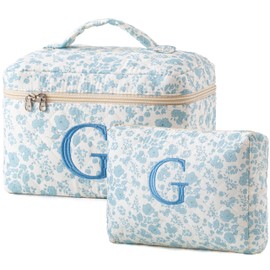 HBselect 2Pcs Initial Makeup Bag, Quilted Makeup Bag, Cotton Large Travel Makeup Bag, Cute Floral Coquette Make up Bag Cosmetic Bag Toiletry Bag for Women Girls G