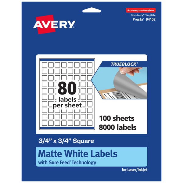 Avery TrueBlock Matte White Square Labels With Sure Feed, 0.75"