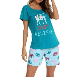 ENJOYNIGHT Womens Pajama Shorts Set Summer Sleepwear Cotton Pjs Short Sleeve Lounge Wear with Pockets(Medium, Just Believe)