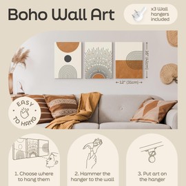 Boho Wall Art Set of 3 Mid Century Modern Wall Decor, Boho Art Wall Canvas, Bohemian Wall Decor, Boho Canvas Wall Art Bedroom, Minimalist Boho Art Wall Decor (3 Piece Wall Art 12"x16" Brown)