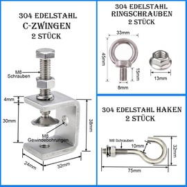 LEAUM Stainless Steel C-Clamps 6-Piece Set, C Clamp Jaw Openings, 30 mm Fixing Pliers, Adjustable Clamping Range is 0-25 mm with Stainless Steel Hooks and Eye Bolts for Woodworking, Welding and