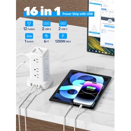 Surge Protector Power Strip Tower, Flat Plug Power Strip with 12 Outlets 4 USB Ports PD20W, 6Ft Extension Cord with Multiple Outlets, Desk Charging Station Tower for Travel Home Office Dorm