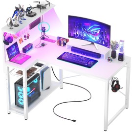 Homieasy Small Gaming Desk with Power Outlets Pegboard LED Light, 43 Inch L Shaped Computer Desk with Monitor Stand Storage Shelves, Reversible Corner Desk with Headset Hooks, White