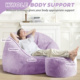 HABUTWAY Bean Bag Chair, Oversized Shell-Shaped Bean Bag Couch with Ottoman, Giant Beanbag Chair for Adults and Kids, Comfy Bean Bag Sofa & Footstool, Large Floor Sofa for Living Room Bedroom, Purple