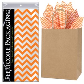 Flexicore Packaging Natural Brown Kraft Paper Gift Bags & Orange Gift Wrap Tissue Paper | Size: 8 Inch X 4.75 Inch X 10.5 Inch | Count: 50 Bags | Color: Orange Chevron