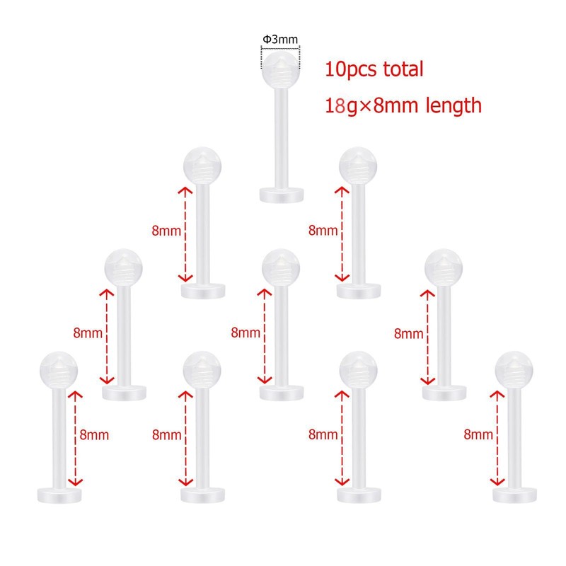NewkeepsR 10pcs-18G×8mm Clear Acrylic Bioflex Tragus Retainer for Lip Rings
