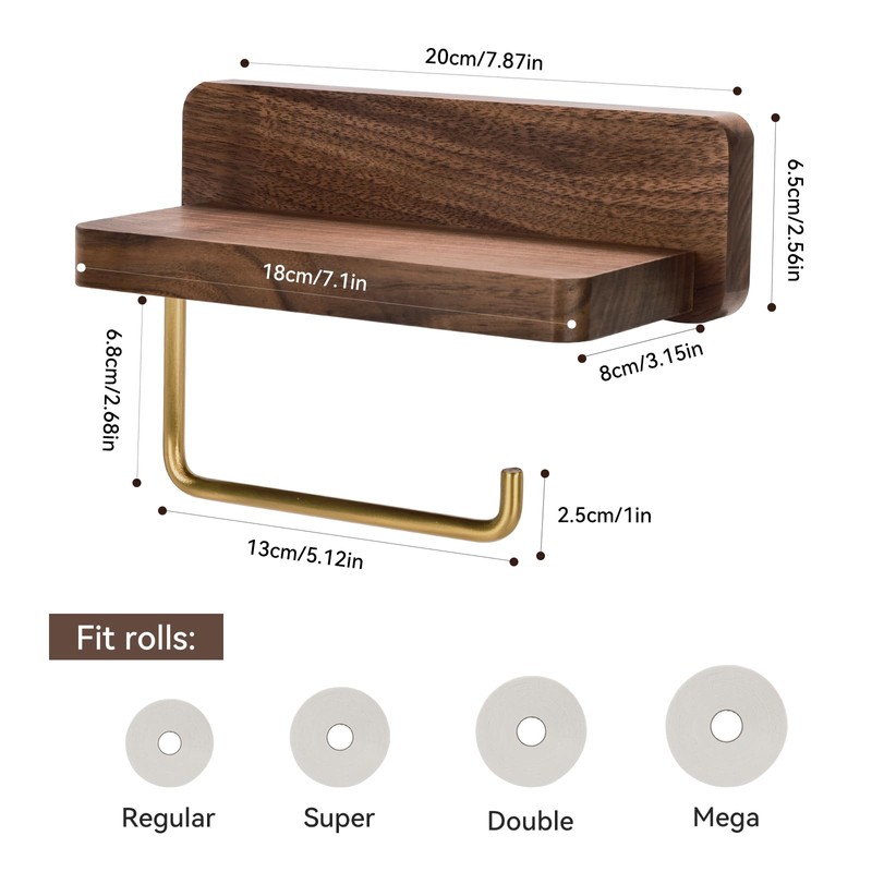 Mayhas Walnut Toilet Paper Holder Wall Mount with Shelf, Wooden