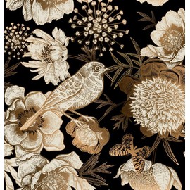 ReWallpaper Vintage Black and Gold Floral Peel and stick Wallpaper Bird Wall Paper for Bathroom 17.5in×23ft Self Adhesive Flower Contact Paper for Kitchen Walls Renter Friendly Accent Wall Living Room