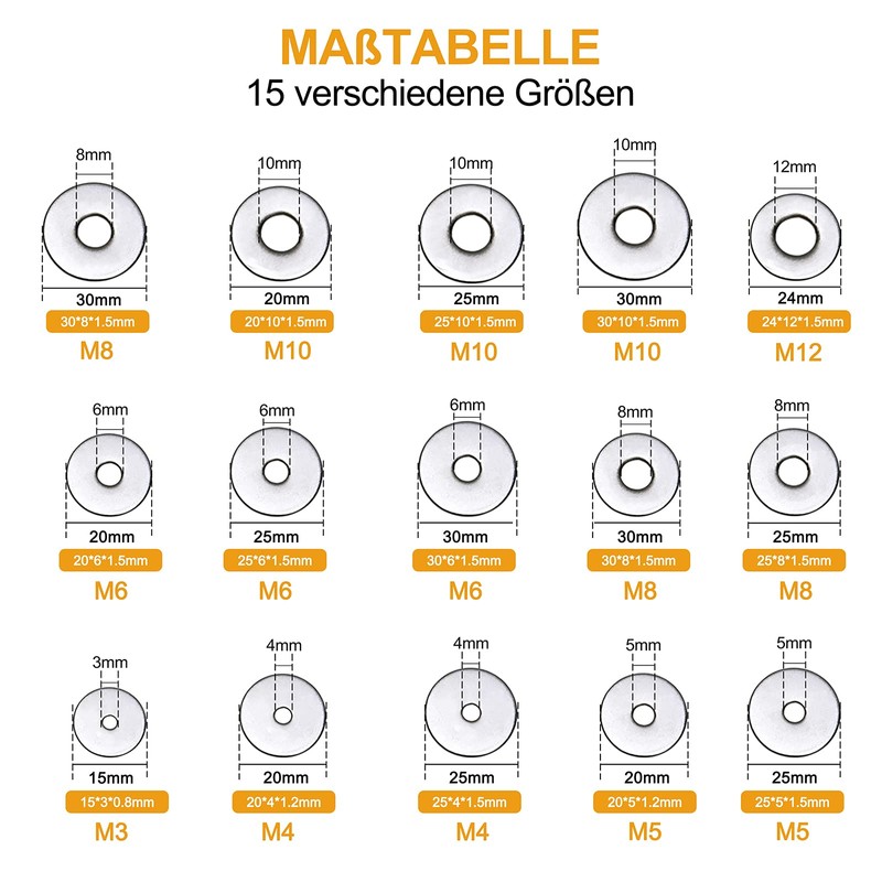 VIGRUE 225 Pieces Stainless Steel Flat Washers Set Washers Assortment