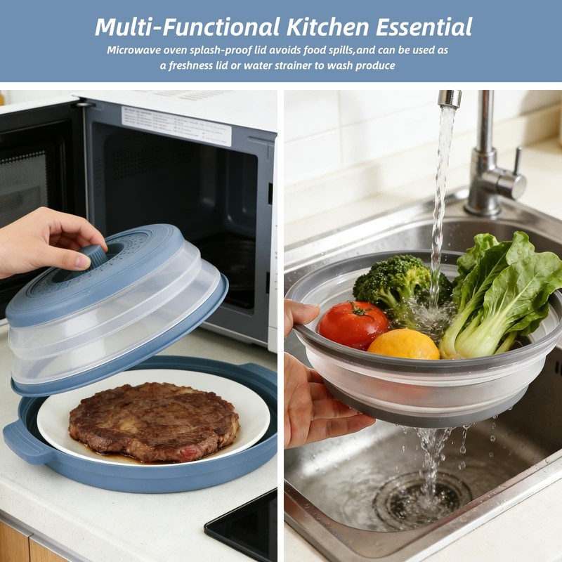 2 Pcs Microwave Splatter Cover, 10.7'' Blue&Grey Collapsible Splatter Guard&Vegetable