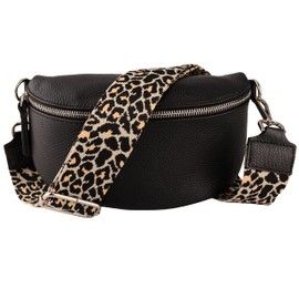 MIRROSI® Women's Bum Bag, Genuine Leather, Made in Italy, Shoulder Bag, Chest Bag, Crossbody Bag (1 Bag & 2 Straps), Black (Leo Black), Bohemian