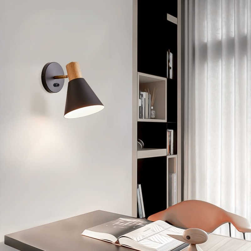 ClanKin Wall Sconces Lighting for Bedroom, Black Adjustable Wood Style