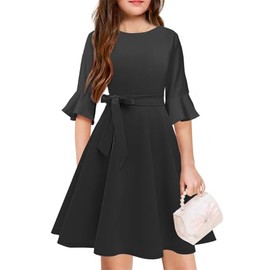 Girls Bell Sleeve Dresses Belt Formal Fit Knee High Modest Big Kids Midi Cap Shoulder Teen Casual Dresses for Girls A-Black