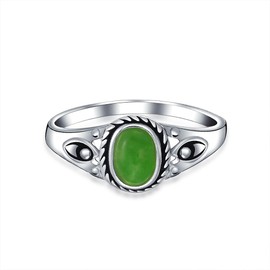 Petite Cabochon Boho Fashion Bali Style Oval Dyed Green Jade Bezel Filigree Band Ring For Women .925 Sterling Silver August Birthstone