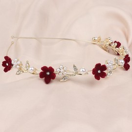 Foyte Red Flower Headbands Pearl Floral Hairbands Rhinestone Thin Head Bands for Women and Bride