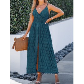 CUPSHE Women's Ruching Smocking Jumpsuit Summer Slip V Neck Backless Maxi High Low Teal Jumpsuit