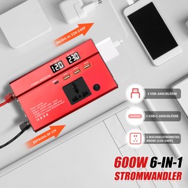 WODHMIEY 600W Car Power Inverter 12V/24V to 230V - Car Voltage Converter with 2 Sockets, 3 USB, 1 Type-C, Quick Charge, Dual LED Display, for Camping, Travel, Motorhome, Truck & Emergency Power Supply