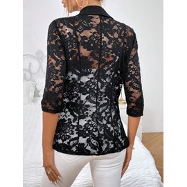 GORGLITTER Women's Sheer Lace Jacket Blazer Long Sleeve Open Front Button Casual Business Bolero Jacket, Black a, Small