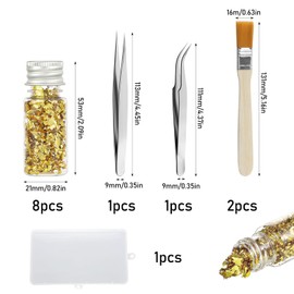 RYAN 8 Bottles Imitation Gold Leaf with 2 Tweezers and 2 Brushes Gold Leaf for Crafts Gold-Plated Fragments for Resin Art Crafts Jewellery Making Gold Leaf Acrylic Painting
