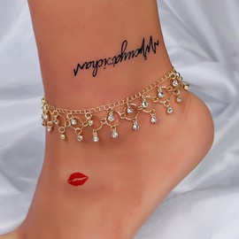 IMINI Tassel Rhinestone Anklet for Women Girls Fashion Dancing Yoga Anklets Link Chain Ankle Bracelet Summer Foot Chian Boho Beach Foot Jewelry Gifts (Gold)