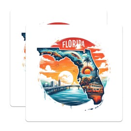 (2 Pack) Florida Travel Stickers - Colorful Florida Map - Sunshine State Vacation - Tropical Beach Palm Tree - 5" On Longest Side - Sticks to Smooth Flat Surfaces - Made in USA - BMCS4885