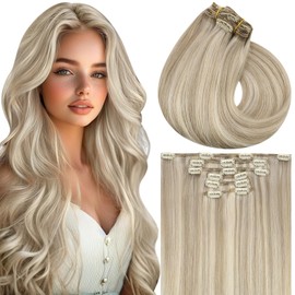 Vivien 120 g Blonde Hair Extensions, Real Hair Clip, 35 cm, Straight Hair Extensions, Real Hair Clip-in Remy Human Hair, #16/22 Ash Blonde, Highlights, Bleached Blonde, 7 Pieces