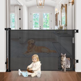 Retractable Baby Gates with Cat Door 80" Wide Retractable Dog Gate with Pet Door Outdoor Retractable Gate for Dogs Retractable Pet Gate with Door Mesh Baby Gate Retractable Mesh Dog Gate (Black)